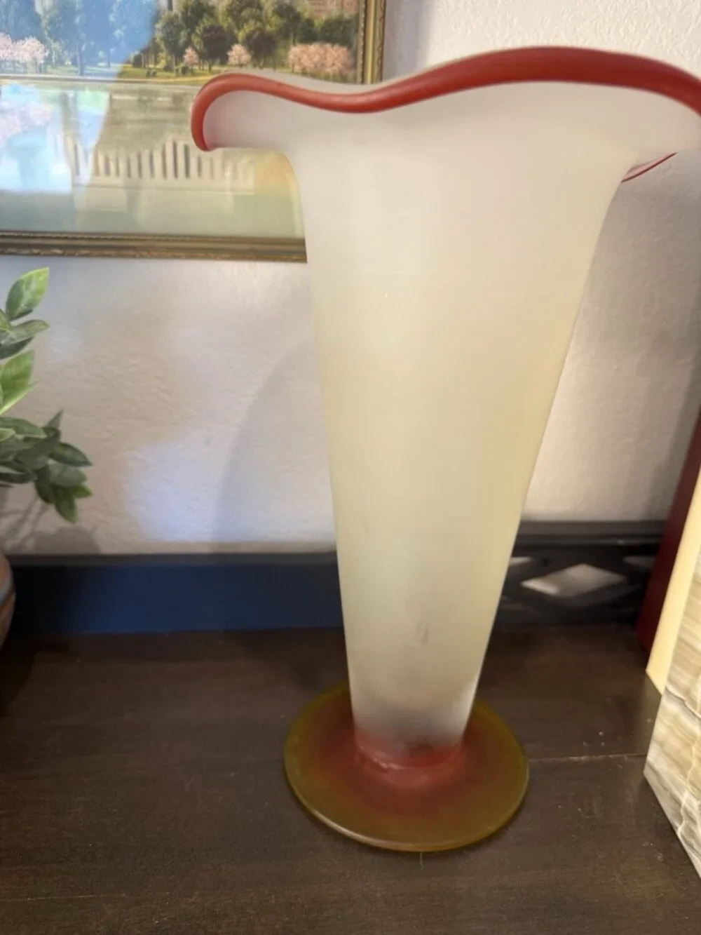 Vintage Mid-Century Art Glass Handkerchief Vase – Frosted White Red Amber – 11”